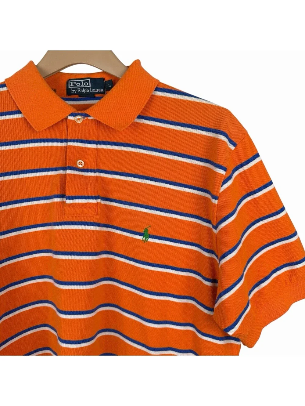 Polo Ralph Lauren Shirt Mens Large Orange Blue White Striped Short Sleeve Vtg L